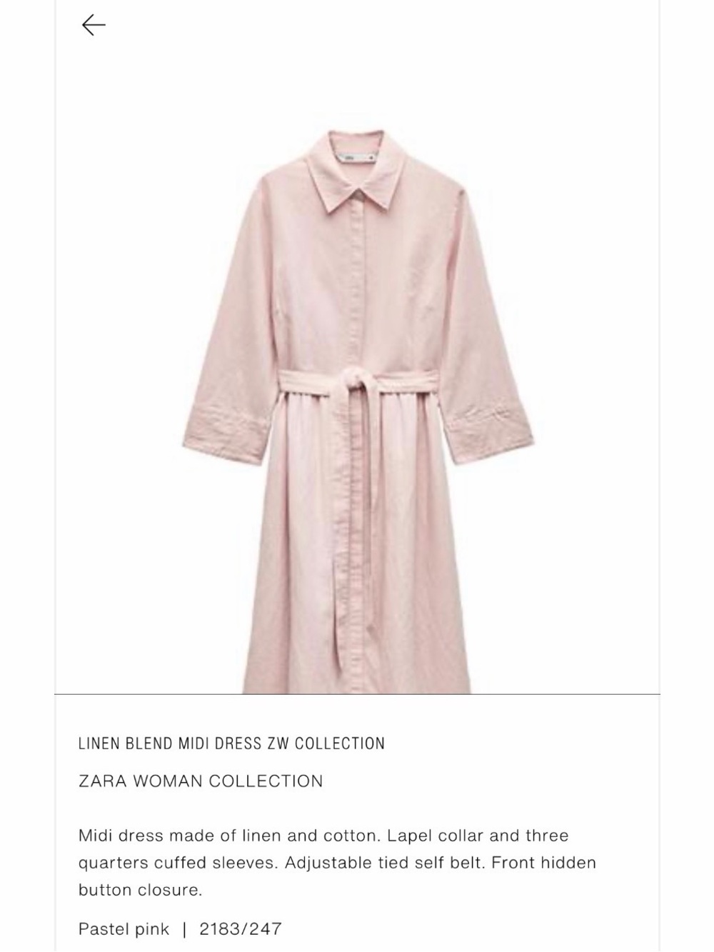 Zara Pastel Pink Shirt Midi Dress with Tie Belt